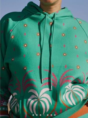 Anthropologie Beach Riot Green Tropical Print Hoodie with Pink & White Accents
